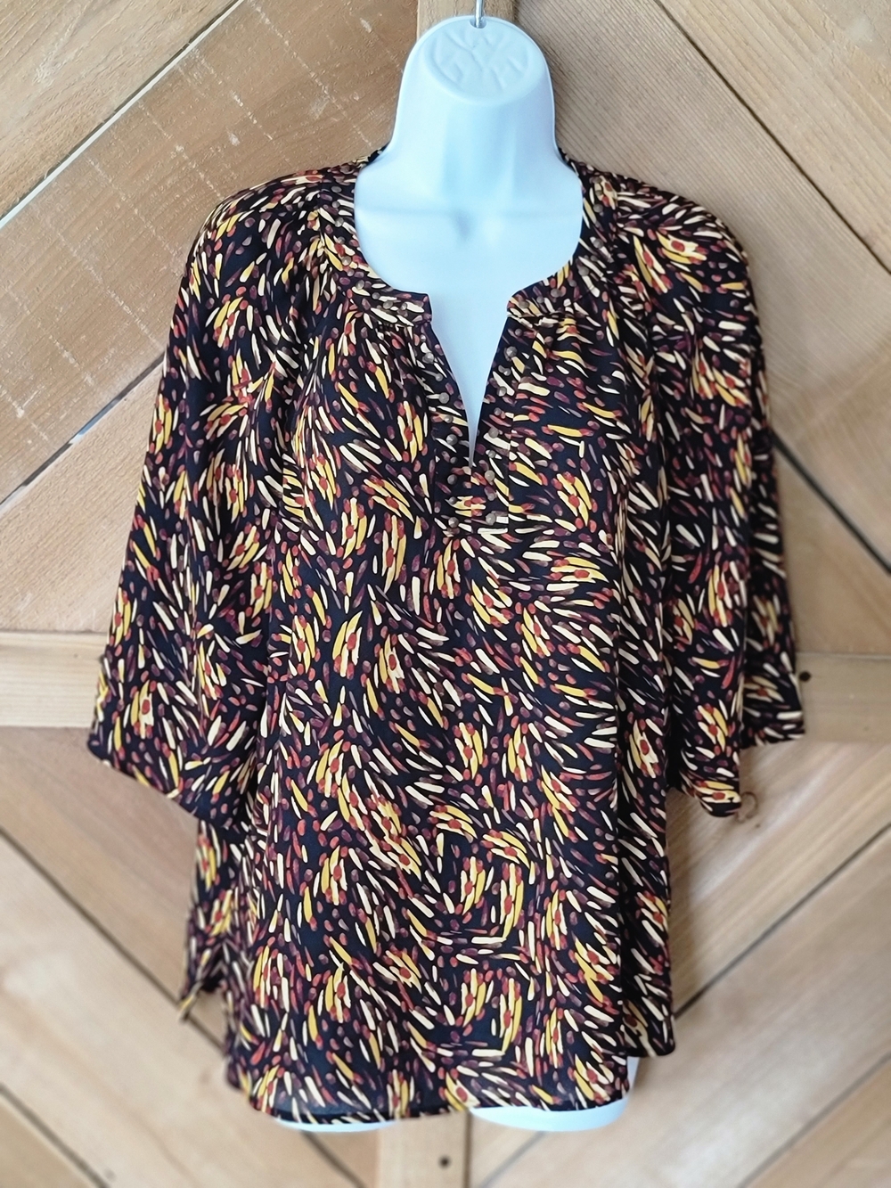 Investments Black Blouse with Gold, Yellow & Rust Leaf Motif